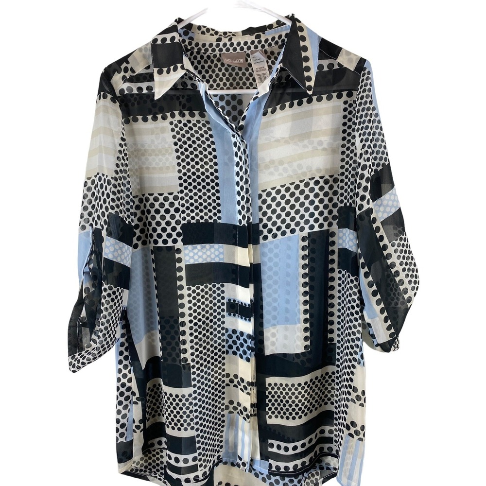 Chico's sheer Polka Dot Print Top 0 Or S 3/4 Sleeve black white blue